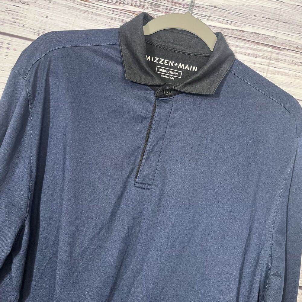 Mizzen+Main Polo Mens Medium Trim Fit Navy Blue L/S Pullover Shirt Performance
